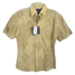 Avalon Collection AC Men Patchwork Eyelet Cotton Button Down Shirt L Pear Green